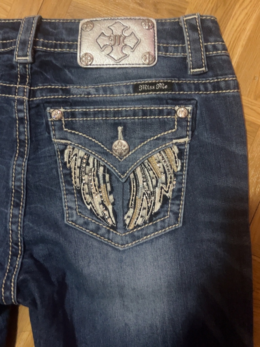 Miss Me Dark Blue Bootcut Jeans with White Contrast Stitching